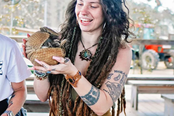 a woman sitting on a bench