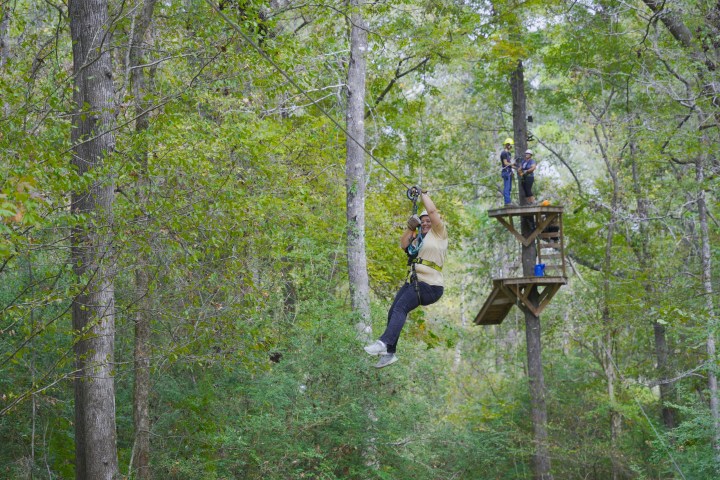 Person zip-lining through a forest with others on a platform in the background.